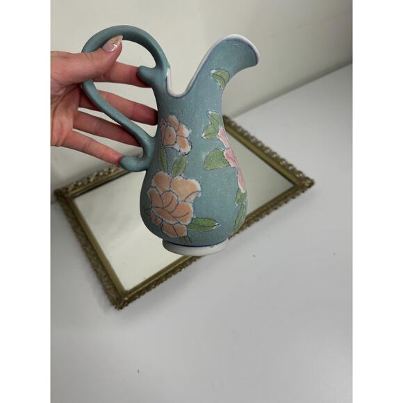 Vintage Glazed Sand Textured Botanical Roses Blue Ceramic Ewer Pitcher Vase - Picture 4 of 9